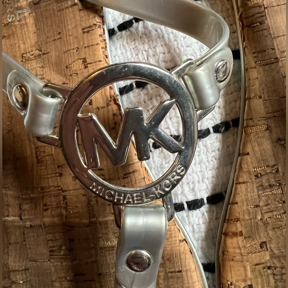 2 Pairs! Michael Kors Cork Footbed Sandals, Logo, black and silver, size 9 - Picture 7 of 13